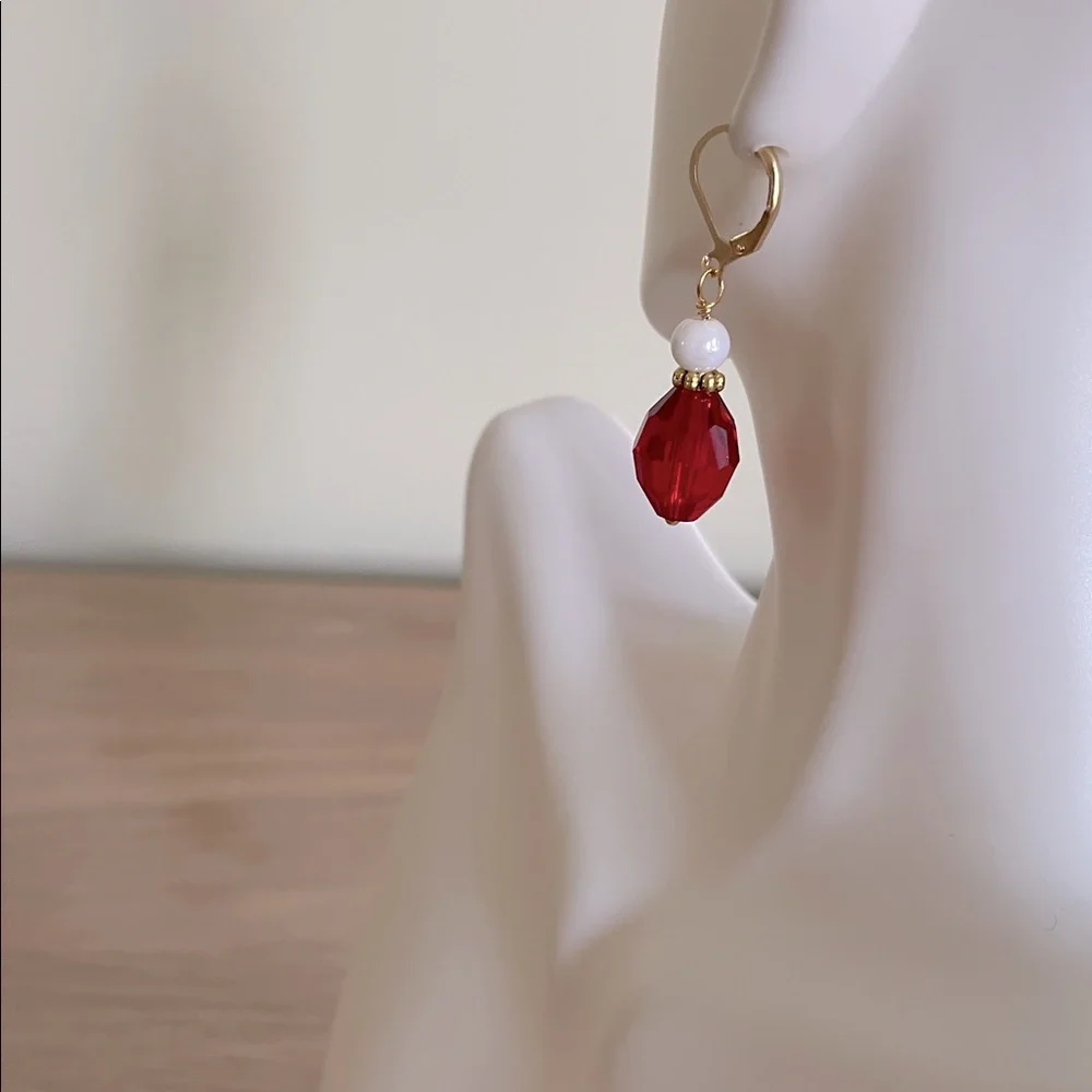 HAND CRAFTED DROP EARRINGS Faceted Red Gold White Faux Pearls Holiday Christmas